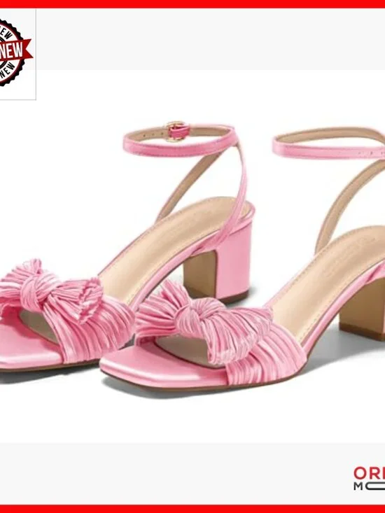 Satin Bow Heels Sandals 2.36 Inch Block Heel Ankle Strap Wedding Shoes - Picture 5 of 7